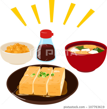 Tofu miso soup, natto, fried tofu, and soybean dishes 107763619