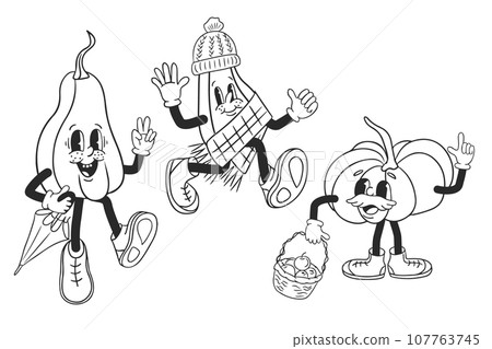 Old retro cartoon pumpkins in doodle style. Black hand drawn sketch vintage characters on white background. Autumn trendy print design for printout, posters, shirt print Old retro cartoon pumpkins in doodle style. Black hand drawn sketch vintage characters on white background. Autumn trendy print design for printout, posters, shirt print 107763745