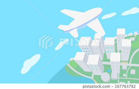 Illustration of a plane flying over the city 107763782