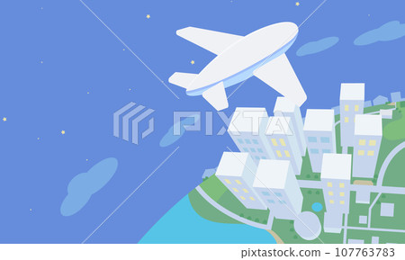 Illustration of a plane flying over the city at night Illustration of a plane flying over the city at night 107763783