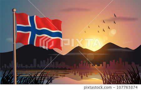 Norway flags flutter against the sunrise sky and beautiful lake. Celebrating national day and travel tourism 107763874