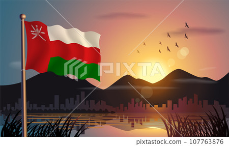 Oman flags flutter against the sunrise sky and beautiful lake. Celebrating national day and travel tourism Oman flags flutter against the sunrise sky and beautiful lake. Celebrating national day and travel tourism 107763876