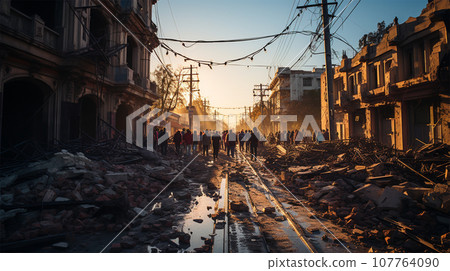 people stand on the street of a destroyed city, Ruins after an earthquake or bomb explosions people stand on the street of a destroyed city, Ruins after an earthquake or bomb explosions 107764090