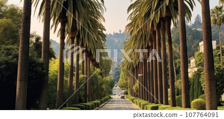 road among palm trees against a blue sky road among palm trees against a blue sky 107764091