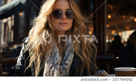 fashionable portrait of a young fashionable blonde woman in sunglasses fashionable portrait of a young fashionable blonde woman in sunglasses 107764092