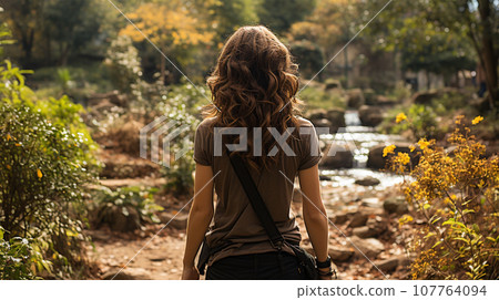Close-up rear view of a brunette with a shiny wavy long hairstyle Close-up rear view of a brunette with a shiny wavy long hairstyle 107764094