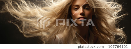 sensual portrait of a blonde with flying hair.  107764101