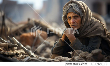 a shocked woman sits on the ruins of a house in a city destroyed by an earthquake or war 107764102