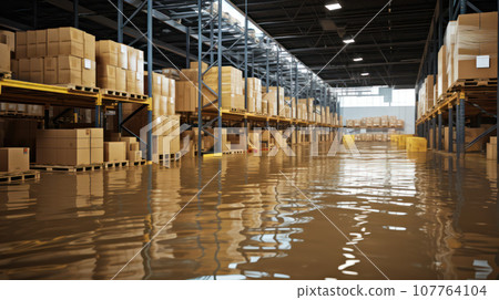 Flooded Warehouse With Cardboard Boxes Floating On Water Flooded Warehouse With Cardboard Boxes Floating On Water 107764104