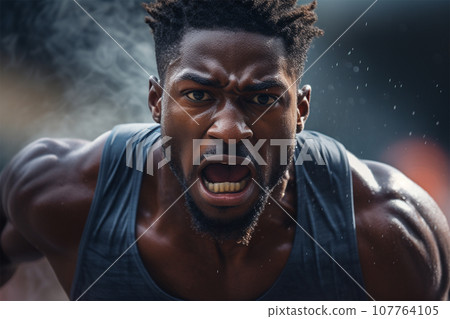 African American athlete in a black T-shirt runs on a treadmill at the stadium African American athlete in a black T-shirt runs on a treadmill at the stadium 107764105