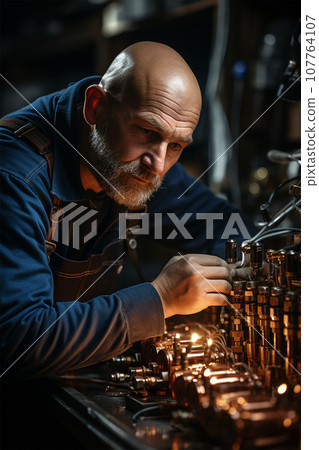a master in overalls repairs a device made of copper and brass a master in overalls repairs a device made of copper and brass 107764107
