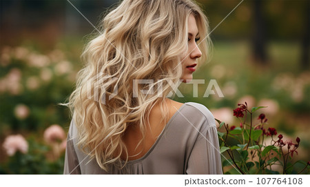 Close-up rear view of a blonde woman with a shiny wavy long hairstyle. Close-up rear view of a blonde woman with a shiny wavy long hairstyle. 107764108