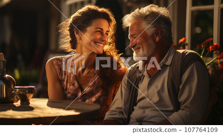 happy beautiful mature couple sitting at a table in the courtyard of their house 107764109