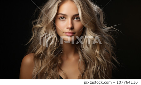 Beautiful smiling woman with long blonde wavy hair on a black background Beautiful smiling woman with long blonde wavy hair on a black background 107764110