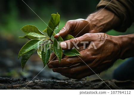 male hands holding a young tree seedling. male hands holding a young tree seedling. 107764112