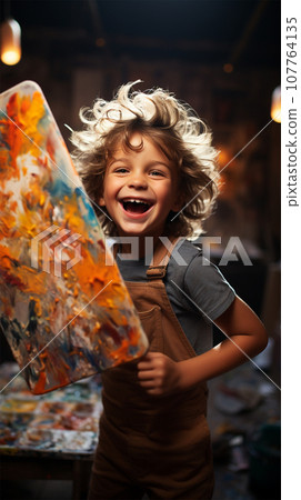 cheerful curly baby in overalls in an art workshop. young artist 107764135