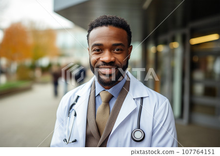 young smiling doctor in a robe and with a stethoscope near the clinic young smiling doctor in a robe and with a stethoscope near the clinic 107764151