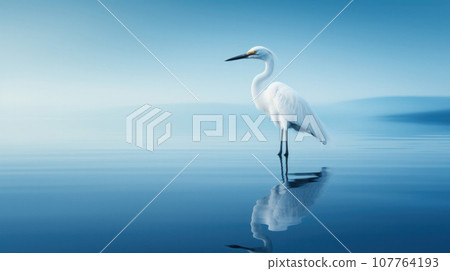 Shallow azure water reflecting a standing heron white. natural background 107764193