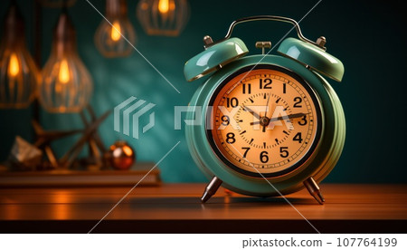 retro alarm clock in a warm lamp interior retro alarm clock in a warm lamp interior 107764199