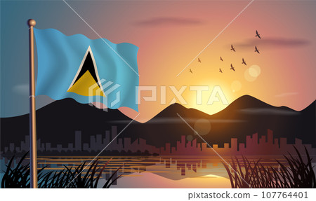 ST. Lucia flags flutter against the sunrise sky and beautiful lake. Celebrating national day and travel tourism 107764401