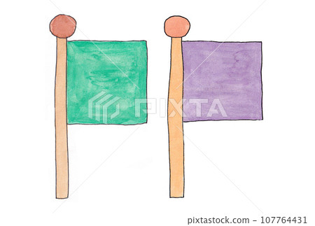 Illustration set of green and purple flags drawn with water-based pens and transparent watercolors Illustration set of green and purple flags drawn with water-based pens and transparent watercolors 107764431
