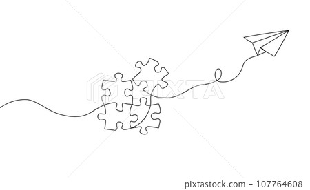 A flying paper airplane, and a puzzle connected in one continuous line. Vector illustration A flying paper airplane, and a puzzle connected in one continuous line. Vector illustration 107764608