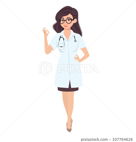 Professional woman doctor writes down notes, poses at desktop in office  with laptop, wears white coat, spectacles and phonendoscope around neck,  looks through medical documents. Healthcare concept - a Royalty Free Stock