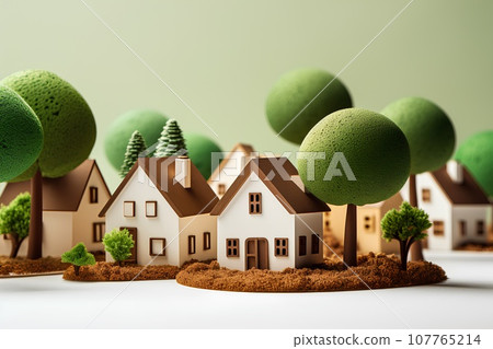 White houses and round plants (3D) Fun cityscape and town planning. 107765214