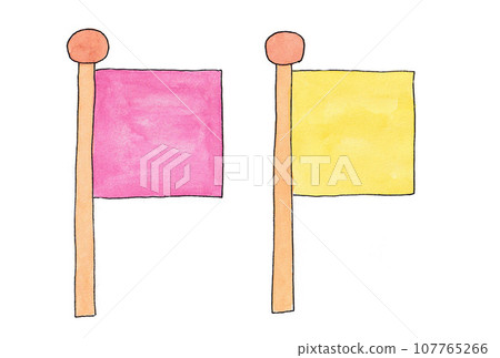 Illustration set of pink and yellow flags drawn with water-based pens and transparent watercolors Illustration set of pink and yellow flags drawn with water-based pens and transparent watercolors 107765266