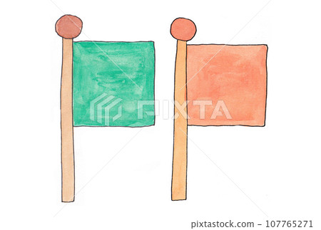 Illustration set of green and orange flags drawn with water-based pens and transparent watercolors 107765271