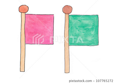 Illustration set of red and green flags drawn with water-based pens and transparent watercolors Illustration set of red and green flags drawn with water-based pens and transparent watercolors 107765272