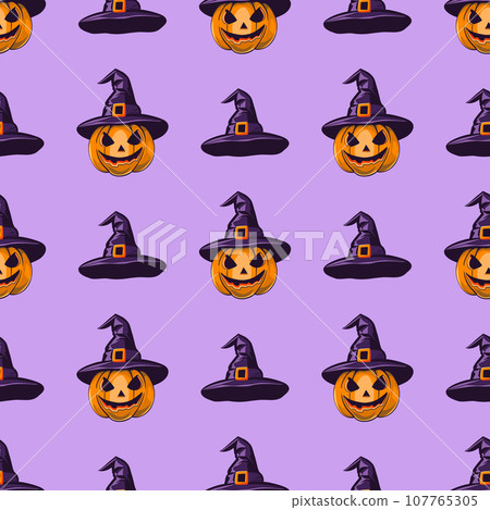 Halloween seamless pattern of pumpkins and witch hats on a purple background Halloween seamless pattern of pumpkins and witch hats on a purple background 107765305