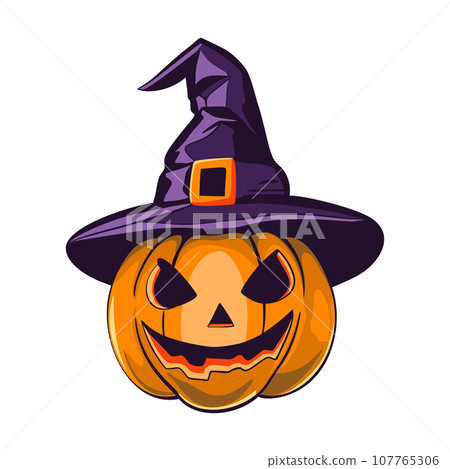 Halloween scary pumpkin in purple witches hat in cartoon style. 107765306