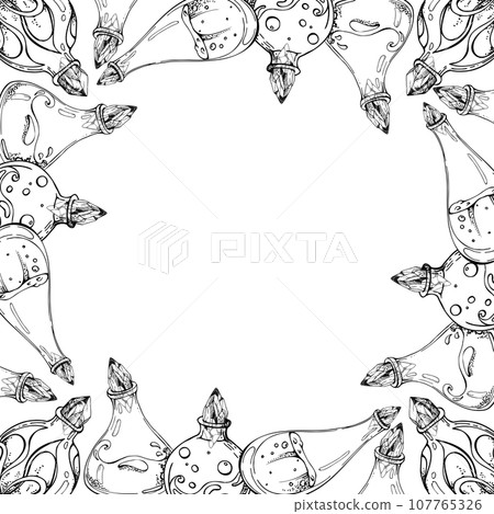 Hand drawn ink vector glass jar vial bottle for potion isolated square frame. Sketch illustration art witchcraft, medicine, chemistry, alchemy. Design shops, logo, print, website, card, booklet 107765326