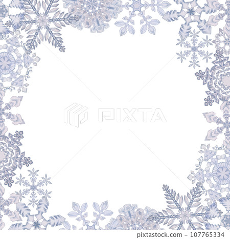 Hand drawn watercolor snowflakes, blue and silver water ice crystals frozen in winter. Illustration isolated border frame, white background. Design for holiday poster, print, website, card, invitation 107765334