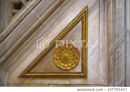 Gold gilded wall motif inside the Selimiye Mosque, built by Mimar Sinan in 1575 in Edirne Turkey Gold gilded wall motif inside the Selimiye Mosque, built by Mimar Sinan in 1575 in Edirne Turkey 107765427