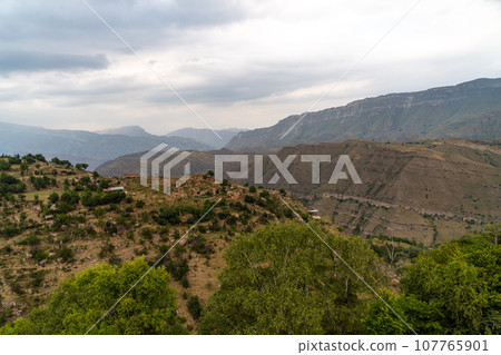 Caucasian mountain. Dagestan. Trees, rocks, mountains, view of the green mountains. Beautiful summer landscape. 107765901