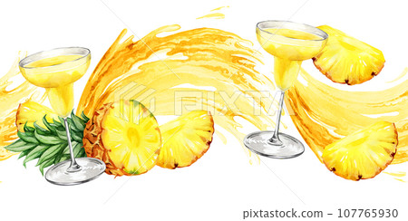 watercolor hand drawn composition with pineapple with half and slices ripe pineapple and cocktail glass, sketch of yellow tropical fruit, food illustration isolated on watercolor background 107765930