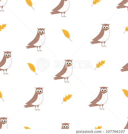 Seamless pattern of cute cartoon owl and autumn leaves. Background wallpaper for kids with a funny forest birds. Seamless pattern of cute cartoon owl and autumn leaves. Background wallpaper for kids with a funny forest birds. 107766107