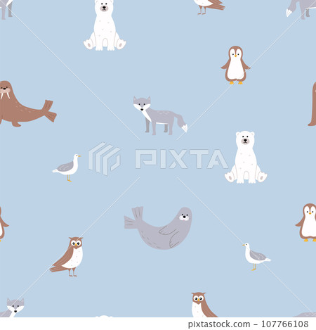 Seamless pattern Cute Arctic animals. Vector illustration with funny polar animals. Polar bear walrus seal seagull scribe owl. Seamless pattern Cute Arctic animals. Vector illustration with funny polar animals. Polar bear walrus seal seagull scribe owl. 107766108