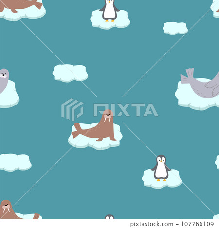 Seamless pattern Cute Arctic animals. Vector illustration with funny polar animals. Walrus, penguin and a navy seal on an ice floe. Seamless pattern Cute Arctic animals. Vector illustration with funny polar animals. Walrus, penguin and a navy seal on an ice floe. 107766109