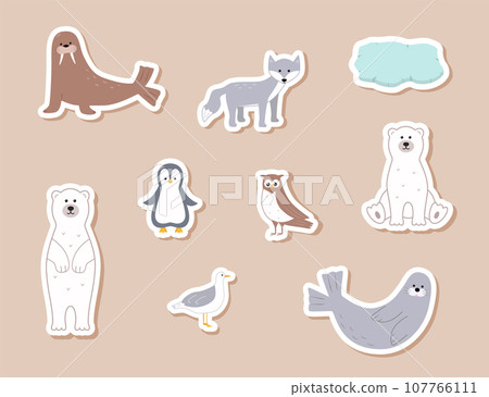 Stickers Cute Arctic animals. Vector illustration with funny polar animals. Polar bear walrus seal seagull scribe owl. 107766111