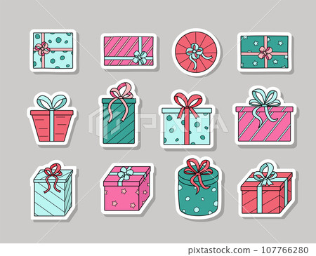 Stickers Gift boxes with bows. Vector illustration of colored icons of a festive present in a package. Stickers Gift boxes with bows. Vector illustration of colored icons of a festive present in a package. 107766280