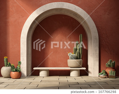 Architecture composition with arc, cactus plants, bench, orange dry wall and tile floor. 3d render illustration mockup. 107766298