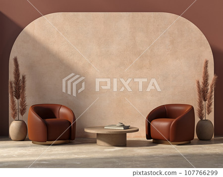 Interior composition with armchairs, orange wall concrete floor and decor. 3d render illustration mockup. Interior composition with armchairs, orange wall concrete floor and decor. 3d render illustration mockup. 107766299