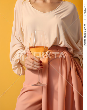 elegant woman drinking glass of luxury red or white wine, studio shot in style of pastel pink 107766758