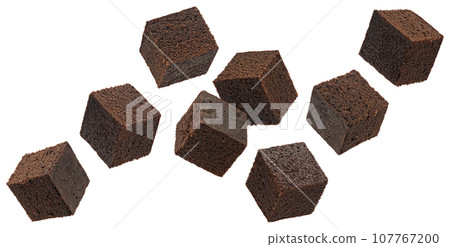 Chocolate brownie cubes isolated on white background, full depth of field 107767200
