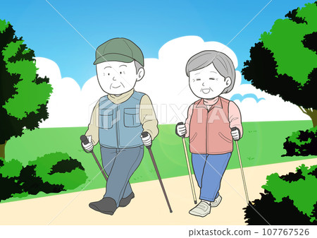 Elderly man and woman Nordic walking in the park Elderly man and woman Nordic walking in the park 107767526