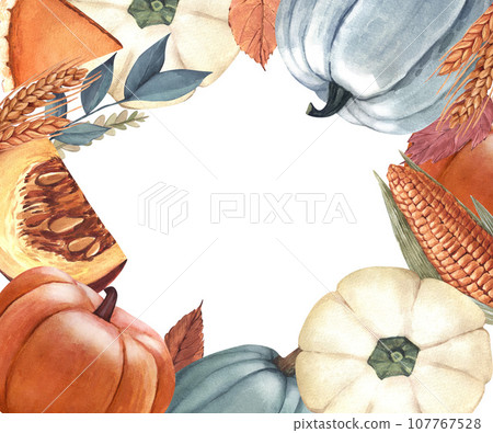 Watercolor pumpkins orange and blue color, pumpkin pie, autumn leaves and apple. Thanksgiving Day dinner concept. Hand-drawn illustration isolated on white background. Perfect for menu, card, frame Watercolor pumpkins orange and blue color, pumpkin pie, autumn leaves and apple. Thanksgiving Day dinner concept. Hand-drawn illustration isolated on white background. Perfect for menu, card, frame 107767528