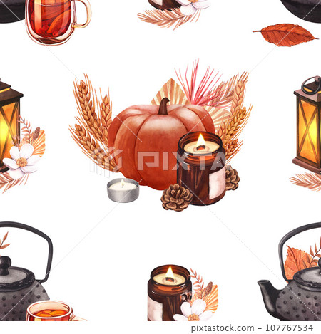 Watercolor pattern, teapot, pumpkin and autumn leaves. Hand-drawn illustration isolated on white background. Concept for fabric print, menu, scrapbooking, wrapping paper, textile prints, wallpaper 107767534